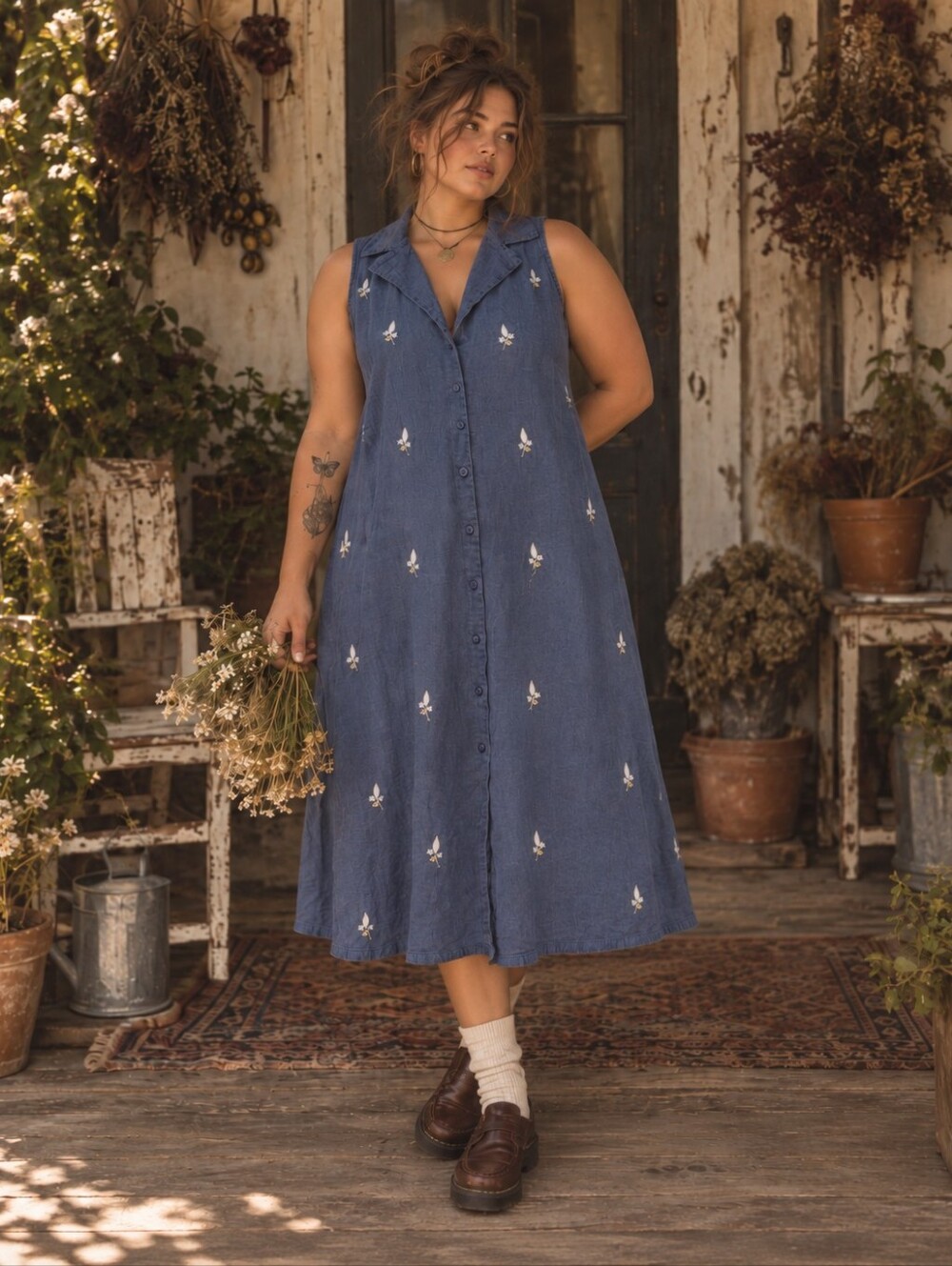 Vintage 90s Jessica Floral Midi Dress Size 18W Cotton Linen Blend Button Front